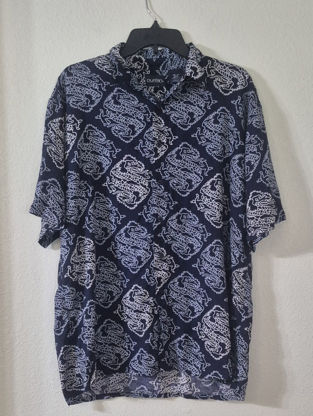 Puritan Navy Blue Short Sleeve Button-Front Dragon Print Shirt
